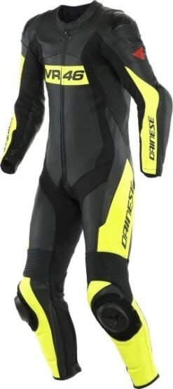 Dainese VR46 Tavullia Leather 1-PC Suit Perf. Black Yellow - Combinaison Moto - Vêtements